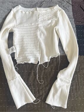 White Mixed-Knit Long Sleeve Crop Top
